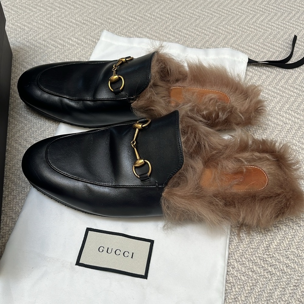 GUCCI “Princetown” Fur Lined Black Leather Mules - Picture 10 of 15